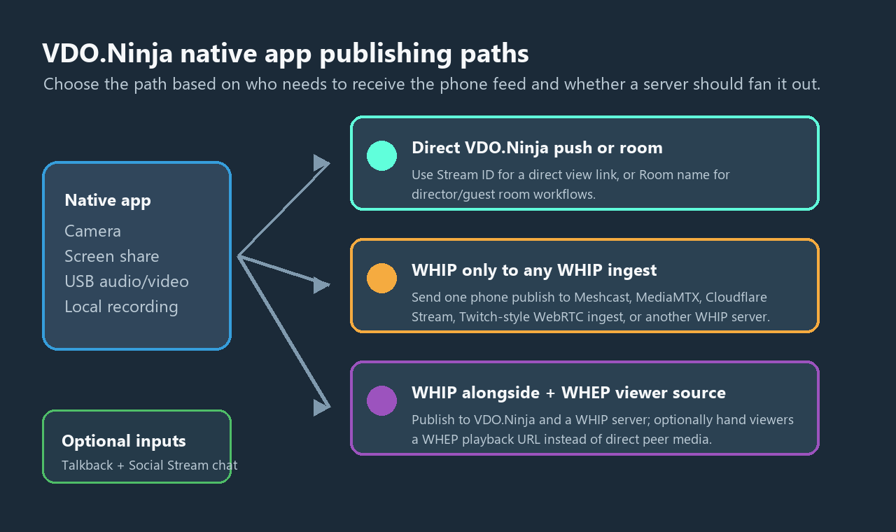 Diagram showing VDO.Ninja native app publishing paths for direct VDO.Ninja, WHIP only, WHIP alongside VDO.Ninja, WHEP viewing, talkback, and Social Stream Ninja
