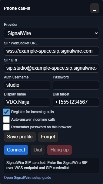 VDO.Ninja phone call-in panel in SignalWire mode with SIP WebSocket URL, SIP URI, auth username, password, dial target, and connect controls