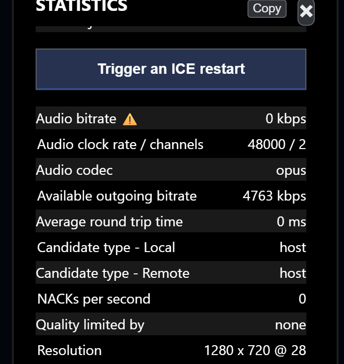 Publisher panel showing Audio bitrate flagged with a warning triangle at 0 kbps