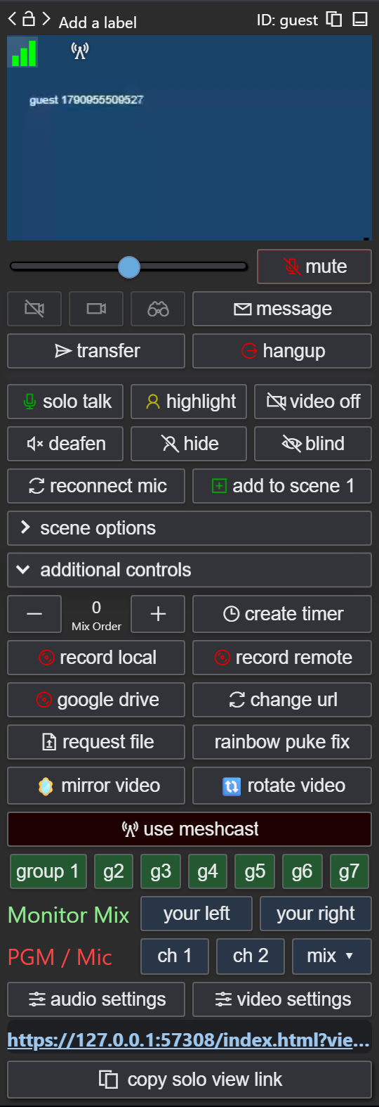 Example director guest panel with Additional Controls expanded and Use Meshcast highlighted below Rotate Video; a small broadcast icon appears near the top of the preview