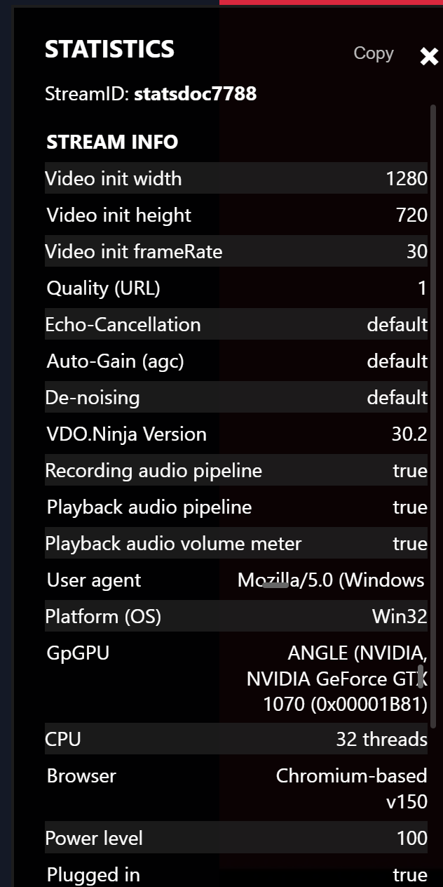 The Statistics panel showing the stream ID and the Stream Info section