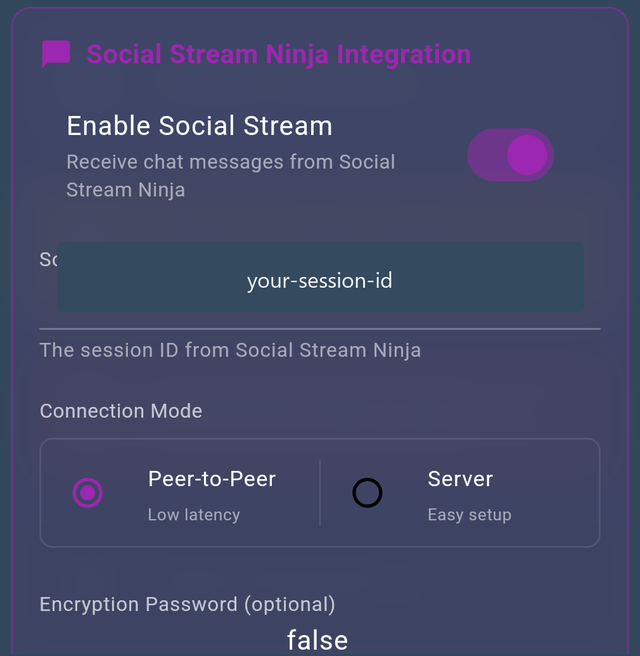 Native app Social Stream Ninja integration settings with session ID and connection mode