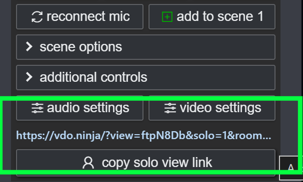 Bottom of a feed's director control box, with the solo viewing URL and copy solo view link button highlighted in green.