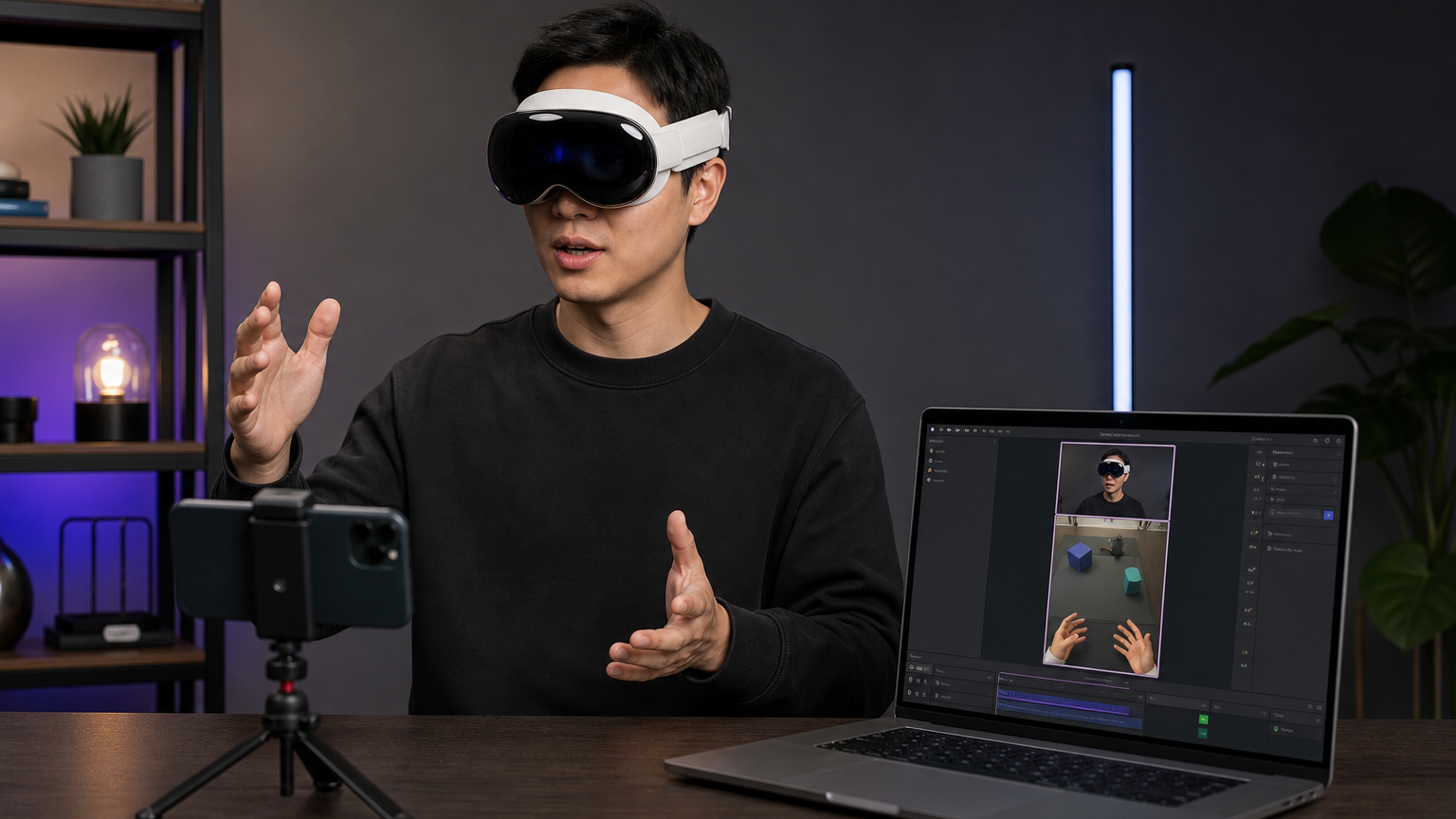 Conceptual studio setup with a person wearing a mixed-reality headset, an iPhone front camera, and a laptop composing two video feeds into a portrait scene
