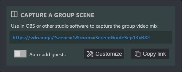 Capture a Group Scene with Auto-add guests off, showing a scene=1 link and Copy link button.