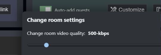 VDO.Ninja room settings slider labelled Change room video quality at 500 kilobits per second