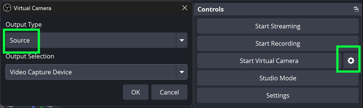OBS Virtual Camera settings showing Output Type set to Source and Output Selection set to Video Capture Device