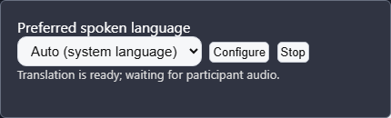 VDO.Ninja User settings showing the preferred spoken language selector, Configure button, Stop button, and current language status