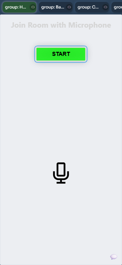 Comms mobile room with horizontal group buttons and microphone start button