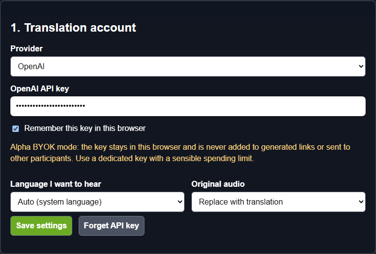Earlier VDO.Ninja live translation setup showing the masked API key and language and audio controls