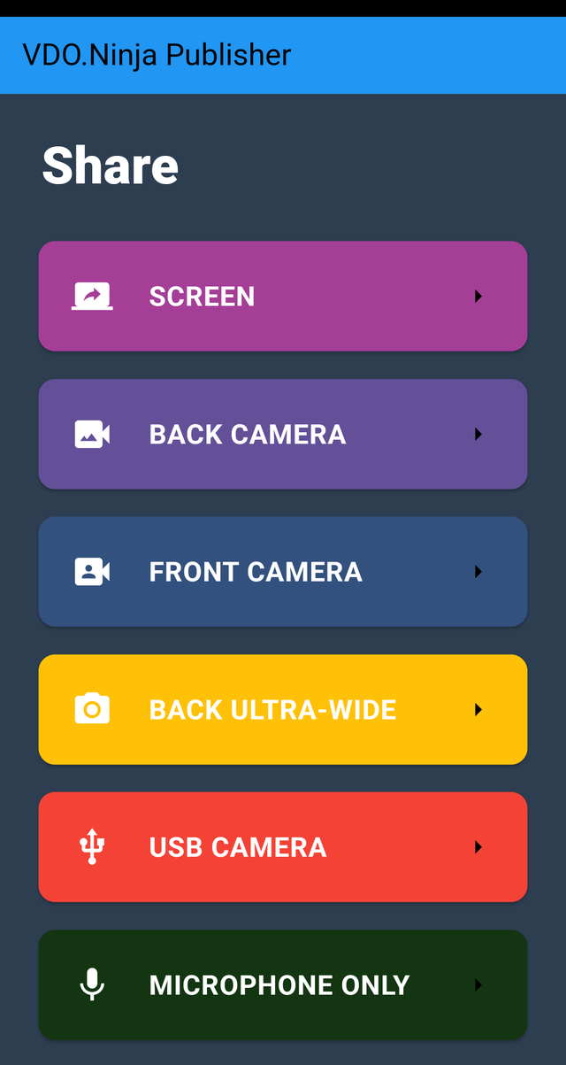 VDO.Ninja native app home screen with USB camera mode