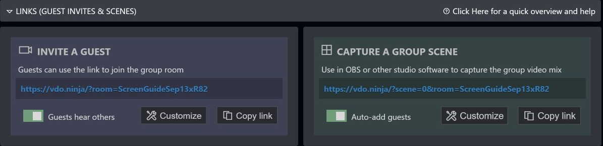 Director link panels: Invite a Guest has a room URL; Capture a Group Scene has scene=0 and room in its URL.