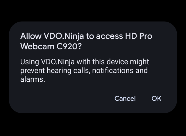 Android USB permission prompt for an external camera