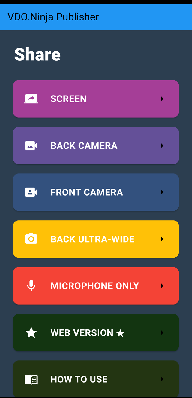 VDO.Ninja Android native app home screen with screen, camera, microphone, web, and help modes