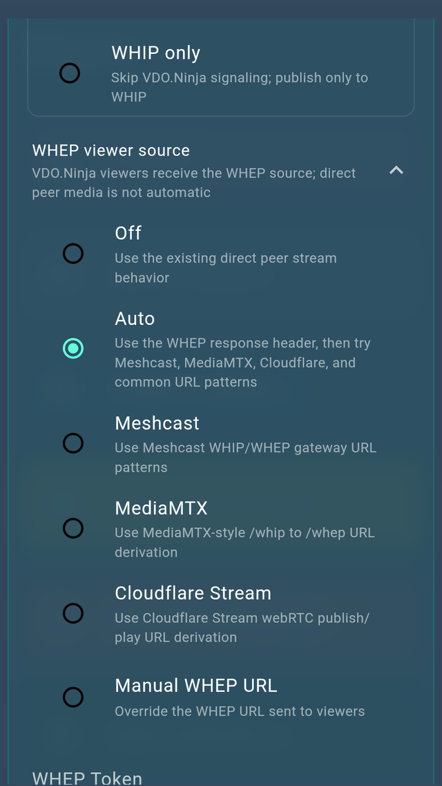 Native app WHEP viewer source options including Auto, Meshcast, MediaMTX, Cloudflare Stream, and Manual WHEP URL