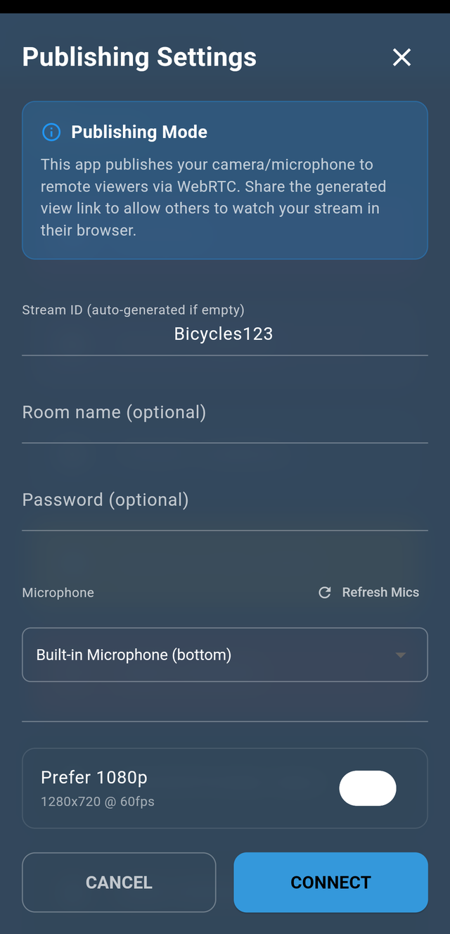 VDO.Ninja native mobile app publishing settings with Stream ID and Room name fields