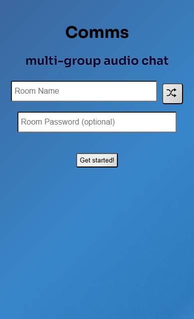 Comms start screen on a mobile browser