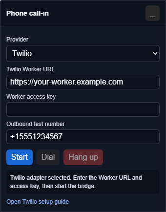 VDO.Ninja phone call-in panel in Twilio mode with Worker URL, access key, outbound test number, and start controls