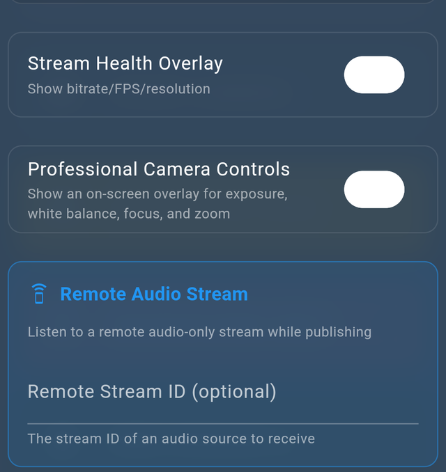 Native app settings showing Stream Health Overlay, Professional Camera Controls, and Remote Audio Stream