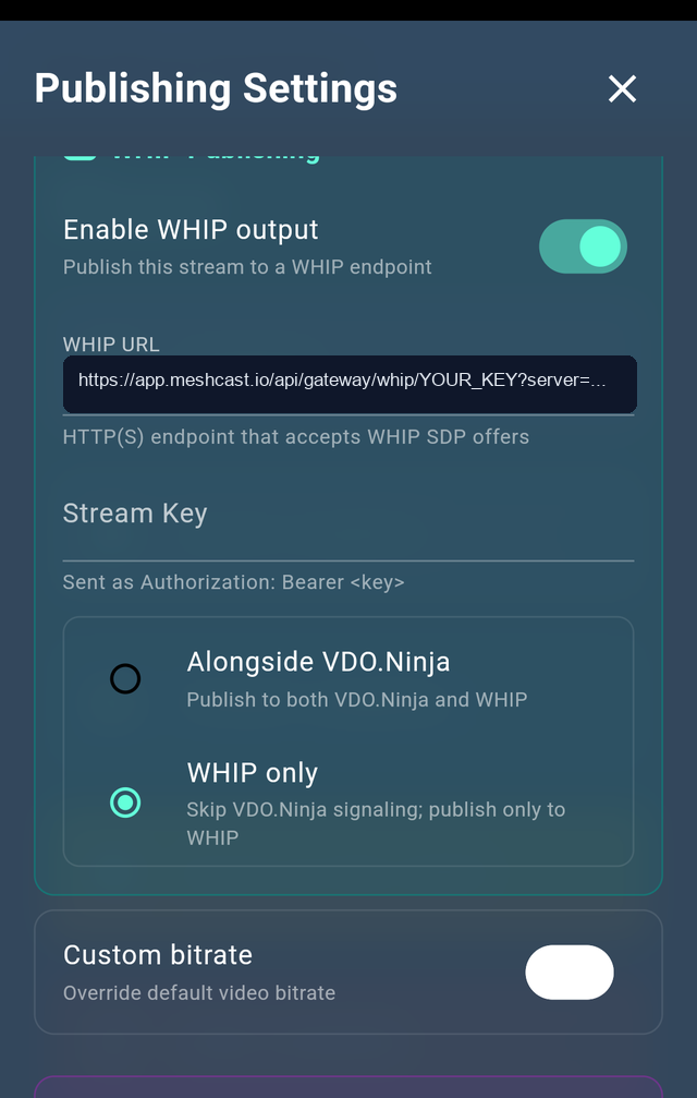 Native app WHIP publishing settings filled with a Meshcast WHIP URL